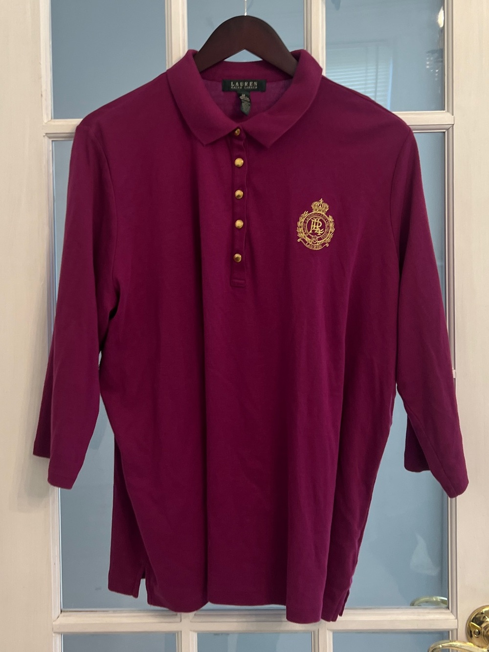 LAUREN RALPH LAUREN Women’s Magenta Purple Gold Crest Long Sleeve Polo 2X
